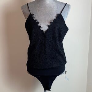 WAYF Coquette Black Eyelash Lizzie Crossover Lace Bodysuit Size Medium